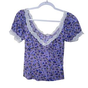 Kimchi Blue Blake Puff Sleeve Mesh Top Women L Purple Floral Y2K 90's Whimsical‎